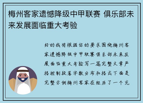 梅州客家遗憾降级中甲联赛 俱乐部未来发展面临重大考验