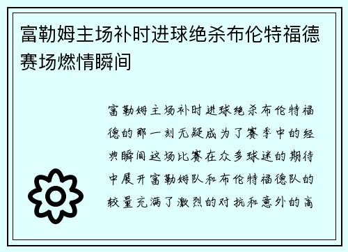 富勒姆主场补时进球绝杀布伦特福德赛场燃情瞬间